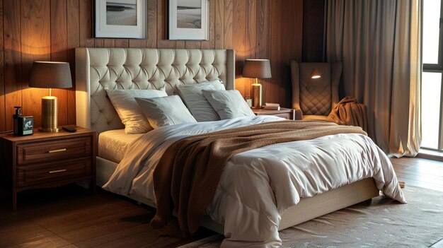 кровать с белым комфортом и изображение кровати с изображением картины на ней