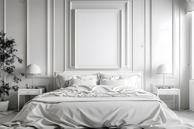 a bed with a white comforter and a picture of a bed with a white frame