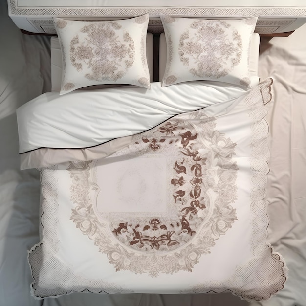 A bed with a white comforter and a pillow with the letter c on it.