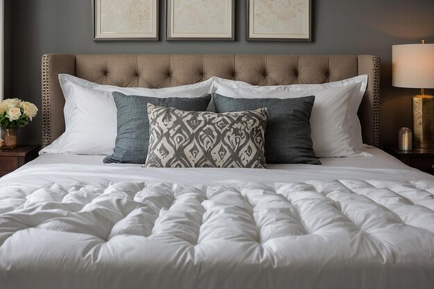 Photo bed with a white comforter and pillows in a bedroom