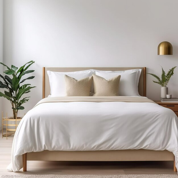 a bed with a white comforter and pillows on it