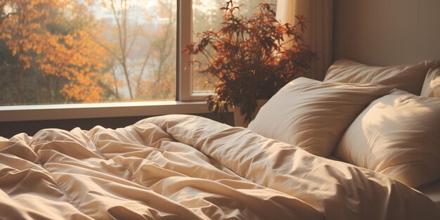 A bed with a white comforter and pillows on top of it