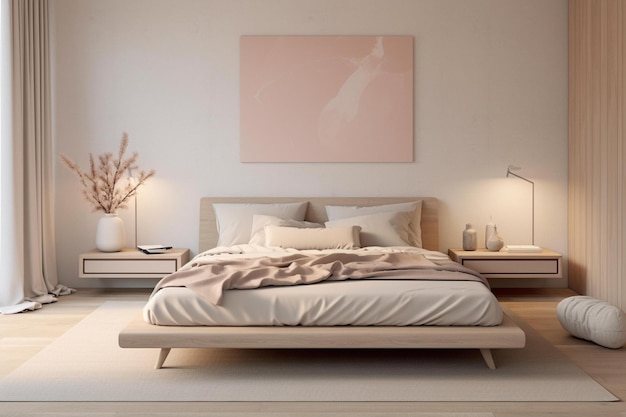 A bed with a white comforter and a pink painting on the wall