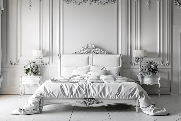 a bed with a white comforter and a white headboard