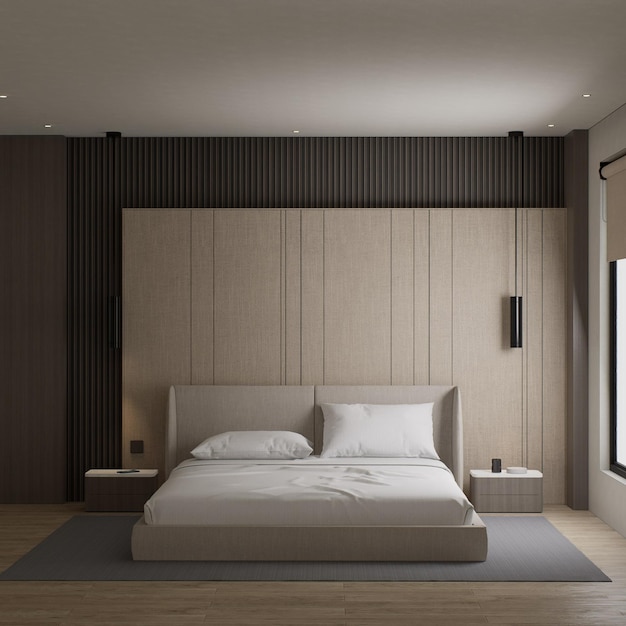 a bed with a white comforter and a window with a black curtain
