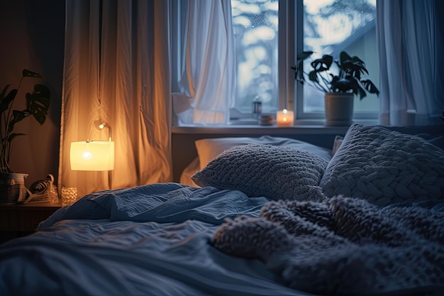 A bed with a white comforter next to a window