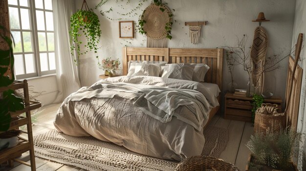 a bed with a white comforter and a wooden headboard