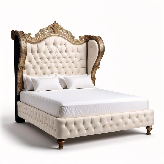 a bed with a white and gold headboard