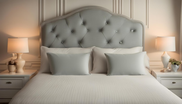 a bed with a white headboard and two white pillows