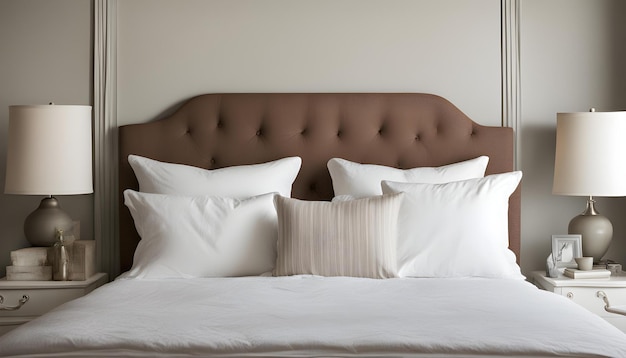 a bed with white pillows and a brown headboard with a brown headboard