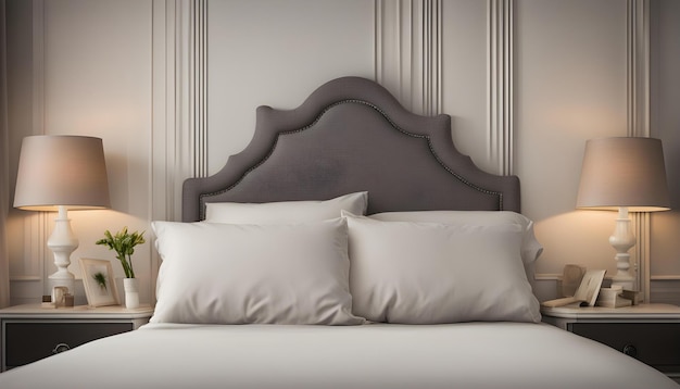 a bed with white pillows and a brown headboard