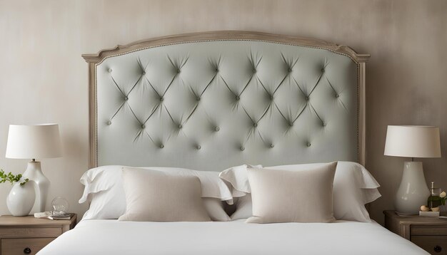 a bed with white pillows and a large headboard