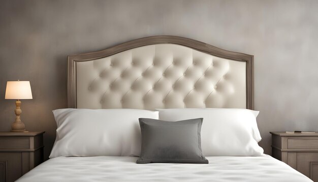 a bed with white pillows and a white headboard