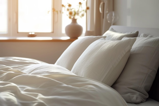 Photo a bed with white sheets and pillows in a bedroom next to a window