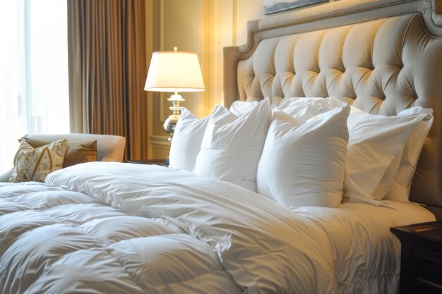 A bed with white sheets and pillows and a lamp on the nightstand