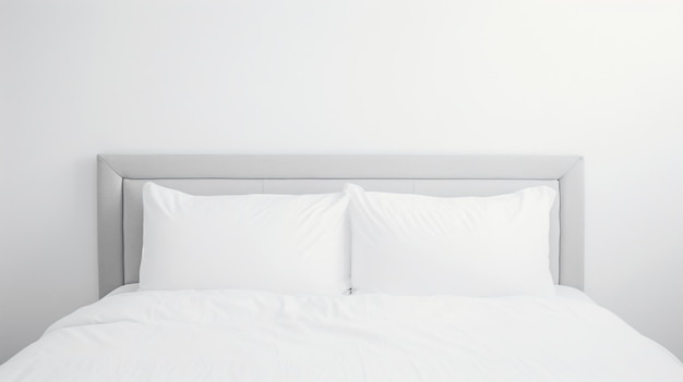 방에 흰색 시트와 베개가 있는 침대