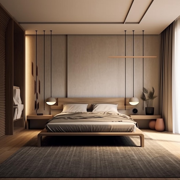 кровать с деревянным каркасом и лампой на стене