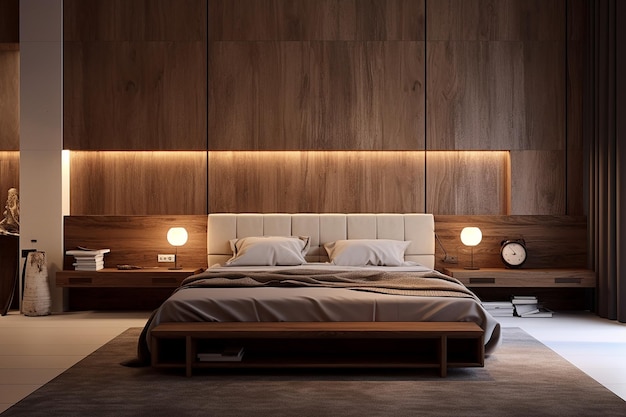 a bed with a wooden headboard and a clock on the wall