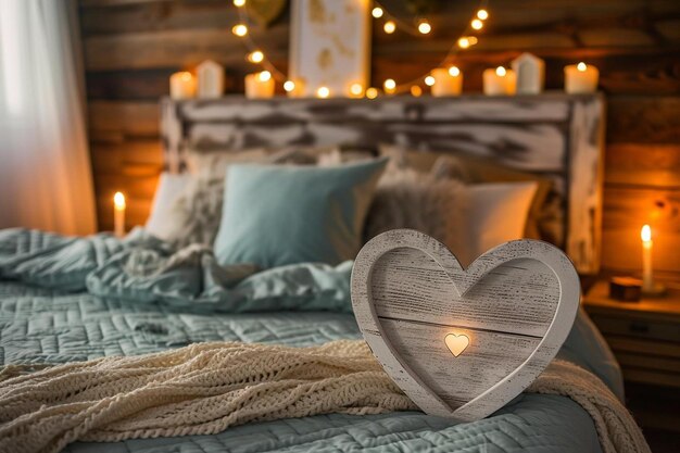 Foto un letto con un cuore di legno in cima