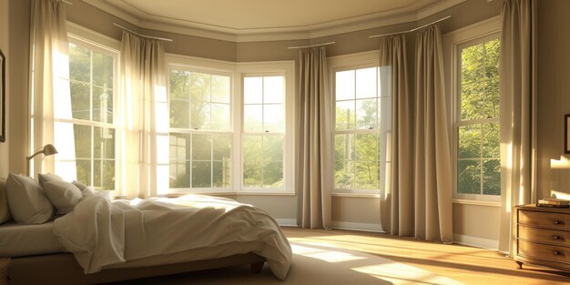Bed zit in slaapkamer met twee ramen.