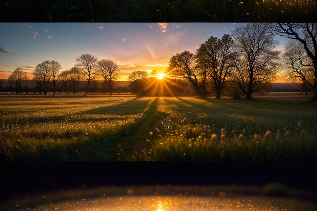 Foto bedauwde weide bij dageraad zonsopgang zonsondergang de mooiste natuurlijke achtergrond van het landschapsbehang