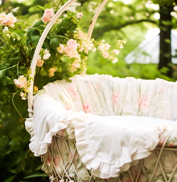 Bedding details of a baby bassinet in the countryside garden Generative AI