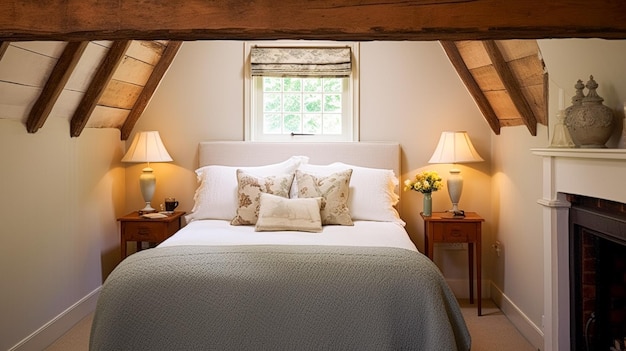 Bedkamerdekoratie van boerderij interieurontwerp en huisdecoratie bed met elegant beddengoed en op maat gemaakte meubels Engelse landhuis vakantieverhuur en huisje stijl