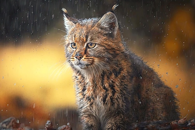 Bedraggled small wildcat or bobcat on blurred background generative ai