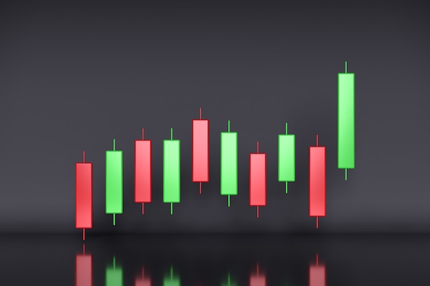 Bedrijfs- en investeringsgroei met kaarsstokgrafiek in 3D-rendering op de achtergrond