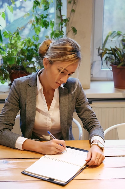 Bedrijfs- en mensenconcept zakenvrouw werkt planningsconcept in een café