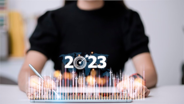 Bedrijfs- en technologiedoel stellen doelen en prestatie in 2023 nieuwjaarsresolutie statistieken grafiek stijgende inkomstenplanning om strategiepictogramconcept op te starten