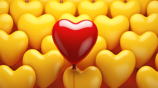 Bedrijfsconcept de rode hartballon schijnt te midden van gele leeftijdsgenoten die opvallen voor selectie