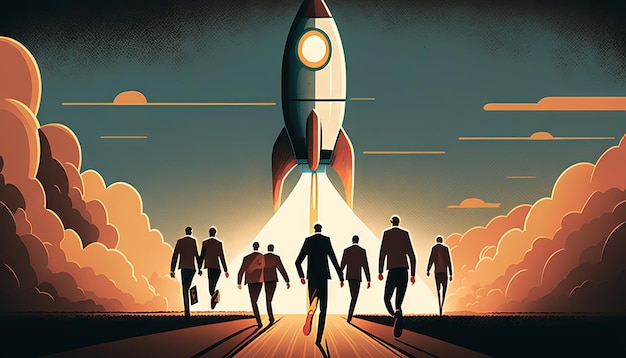 Bedrijfsconcept illustratie van groep zakenman lopen naar een raket opstarten bedrijfsconcept Generatieve ai