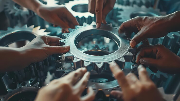 Foto bedrijfsconcept met handen die met tandwielen werken om teamwerk te symboliseren