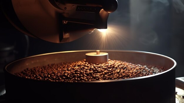 Bedrijfseigenaar giet vers geroosterde koffiebonen uit een grote koffiebrander Generative Ai