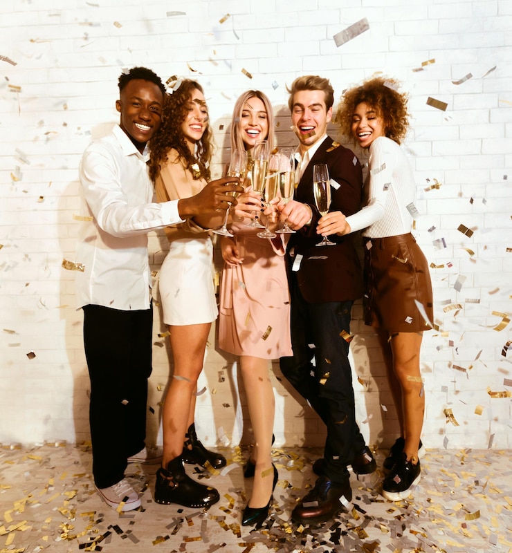 Foto bedrijfsfeest diverse collega's klinkende glazen feesten onder vallende confetti binnen vol