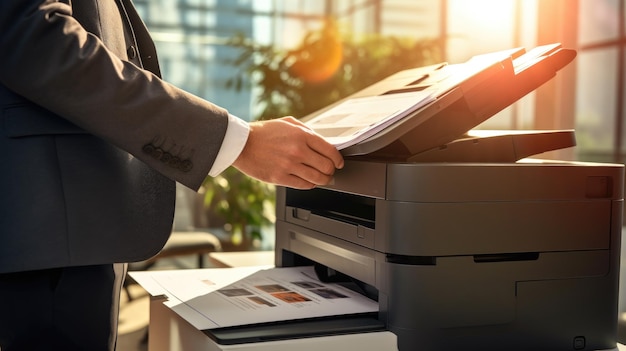 Bedrijfsman drukpapier op een multifunctionele laserprinter in zakelijk kantoor kantoorwerk
