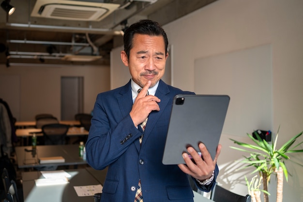 Foto bedrijfsmens die aan ipad vooraanzicht werken