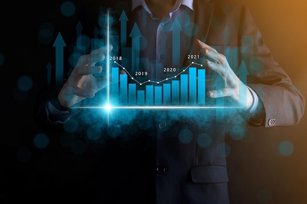 Bedrijfsontwikkeling, financieel plan en strategie. Analyse financiën grafiek en markt grafiek investeringen. Uitwisseling van de digitale economie. Ontwikkelings- en groeiplan. Beursinvesteringen. bankieren.