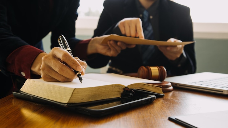 Foto bedrijven en advocaten bespreken contractpapieren met koperen schaal op het bureau van het kantoor juridische juridische diensten advies justitie en recht conceptbeeld met filmgrain effect