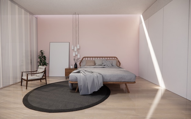 Фото Интерьер спальни и стульев с постерами на персиковой стене