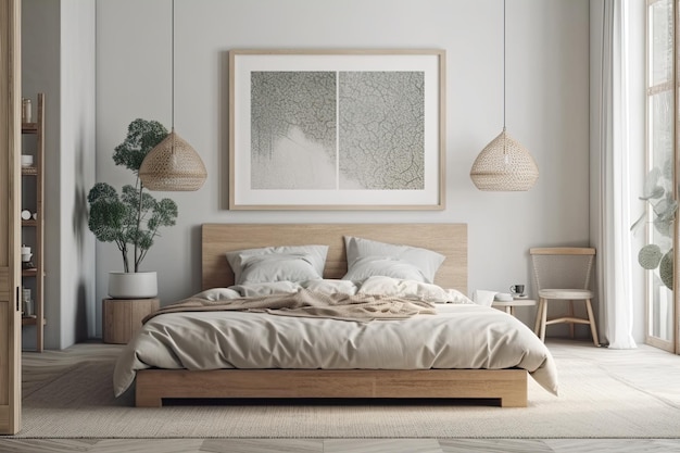 Bedroom background with mock up poster frame in contemporary Boho Scandinavian design