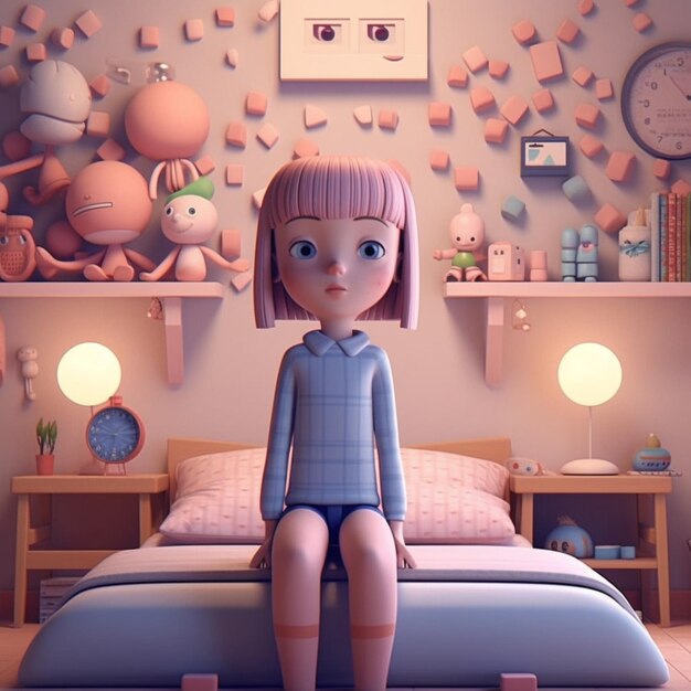 寝室の子供たちの女の子スタイルの粘土漫画 AI 生成