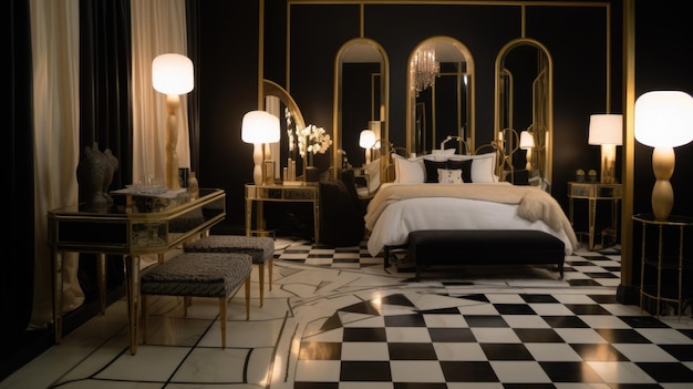 Декор спальни, дизайн интерьера дома, стиль ар-деко, гламур с эффектным зеркалом, украшенным мрамором и золотом, материал Generative AI AIG26