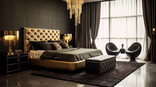 Foto decorazione della camera da letto interior design art deco stile glamour con lampadario decorato con materiale ottone e velluto generative ai aig26