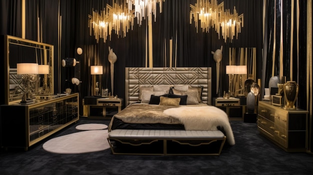 Декор спальни дизайн интерьера дома Арт-деко Гламурный стиль