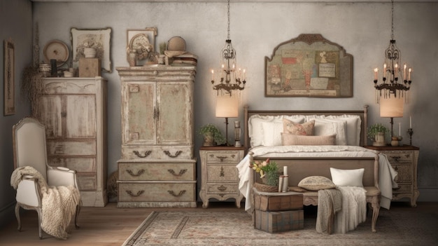 침실 장식 홈 인테리어 디자인 Artisanal Shabby Chic 스타일