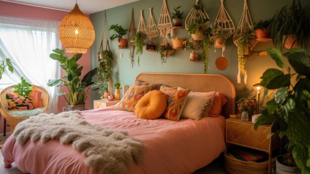 Bedroom decor home interior design Bohemian Midcentury style