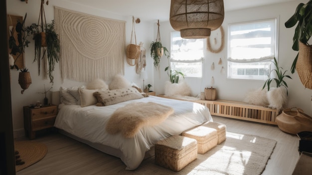 Premium Photo | Bedroom decor home interior design coastal boho style