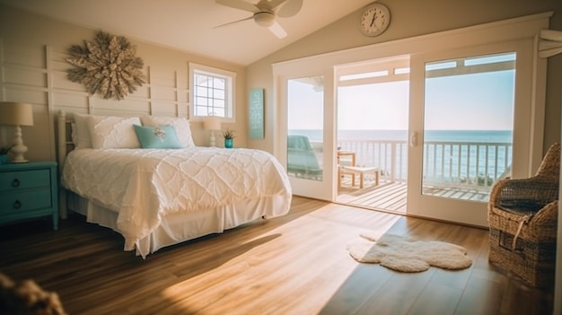 Bedroom decor home interior design Coastal Rustic style with Ocean View decorated with Wood and Rattan material Generative AI AIG26